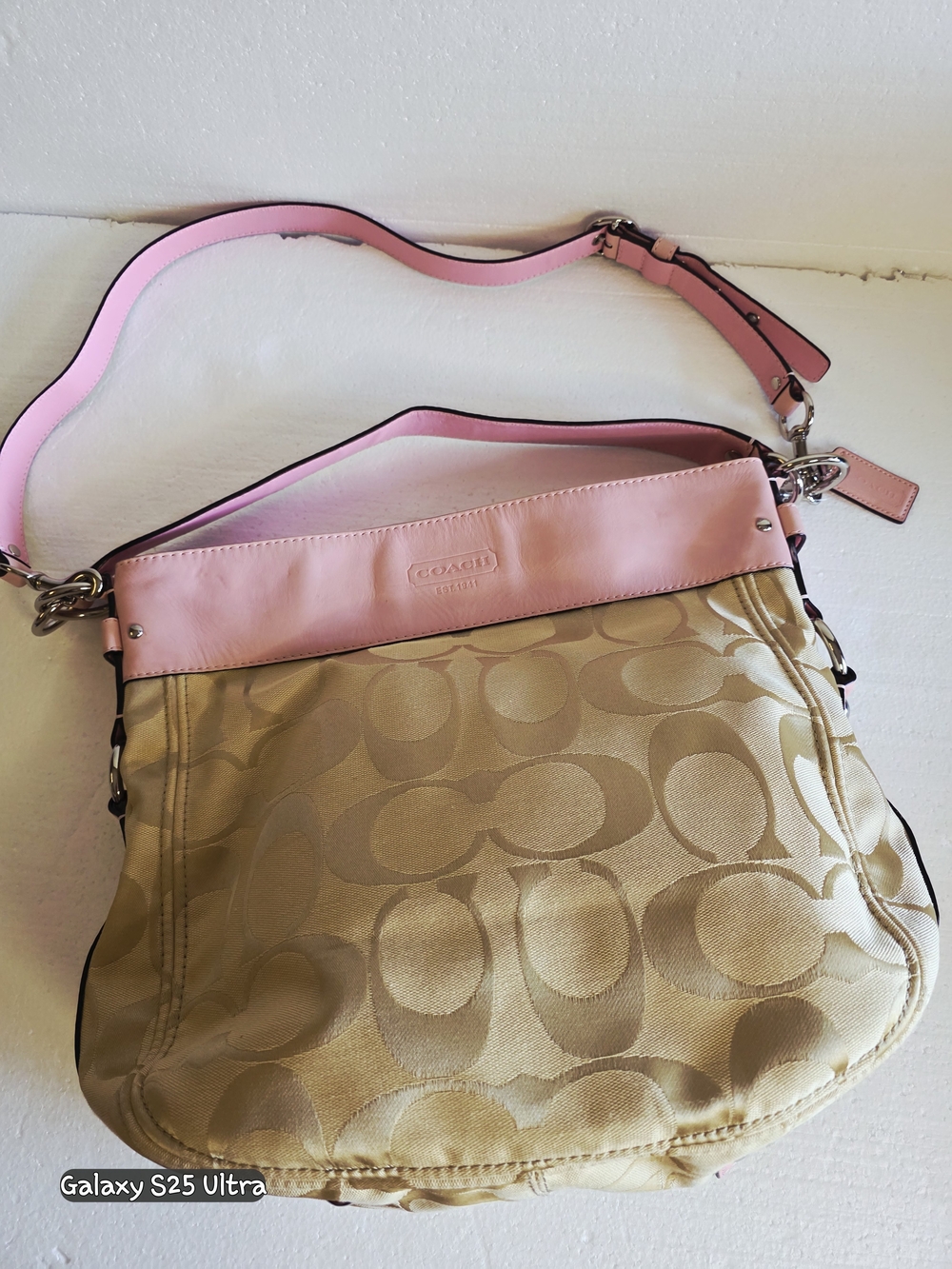 Coach Pink Trim Signature Canvas Shoulder Bag
